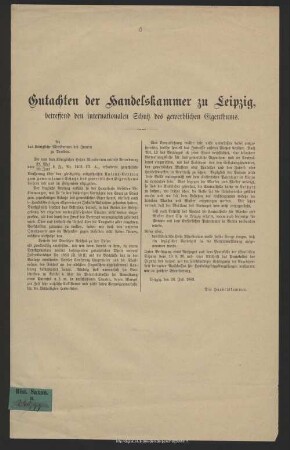 Gutachten der Handelskammer zu Leipzig, betreffend den internationalen Schutz des gewerblichen Eigenthums
