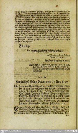 Lit. B. Kayserliches Müntz Patent vom 13. Aug. 1759