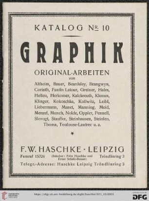 Nr. 10: Katalog: Graphik : Original-Arbeiten von Altheim, Bauer, Beardsley... u.a.