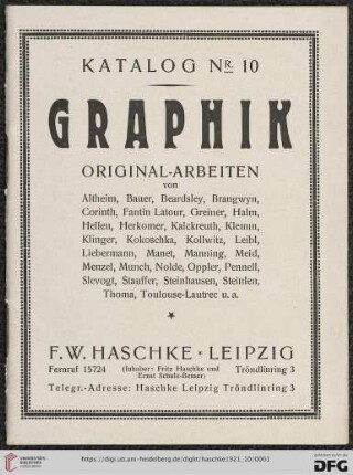 Nr. 10: Katalog: Graphik : Original-Arbeiten von Altheim, Bauer, Beardsley... u.a.