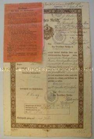 Reisepass des Deutschen Reiches für Josef Loag, ausgestellt vom Generalkonsul des Deutschen Reiches in Konstantinopel am 28. Dez. 1917