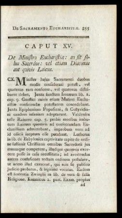 Caput XV. De Ministro Eucharistiae: an sit solus Sacerdos: vel etiam Diaconus aut quivis Laicus