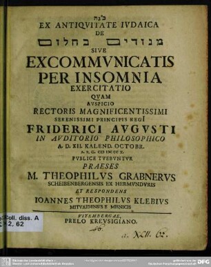 Ex Antiquitate Iudaica De ... Sive Excommunicatis Per Insomnia Exercitatio