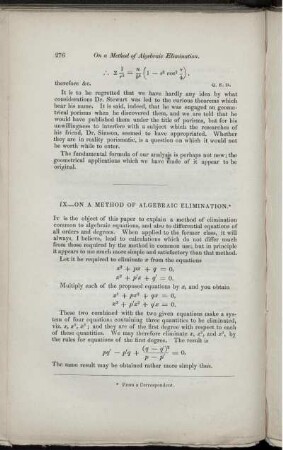 IX. - On a method of algebraic elimination.
