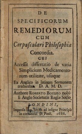 De Specificorum Remediorum Cum Corpusculari Philosophia Concordia