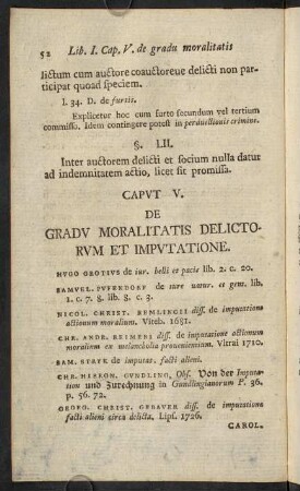 52-78, Caput V. De gradu moralitatis delictorum et imputatione. - Caput VI. De poenis earumque divisone.