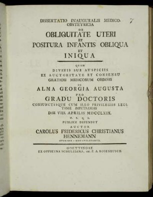 Dissertatio Inauguralis Medico-Obstetricia De Obliquitate Uteri Et Positura Infantis Obliqua Et Iniqua