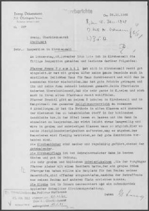 Kirchensall mit Mangoldsall und Neureut sowie Kesselhof, Waldsall und Orbachshof: Inspektionsbericht 1962