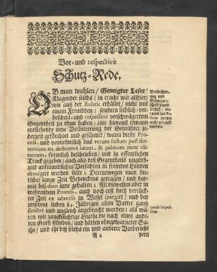 Vor-und respective Schutz-Rede.