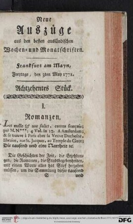 (Achzehntes Stück. Freytags, den 3ten May 1771 - Zwey und zwanzigstes Stück. Freytags, den 31ten May 1771)