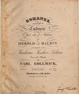 Romanze : eingelegt in Ludovic, Oper in 2 Acten von Herold und Halevy