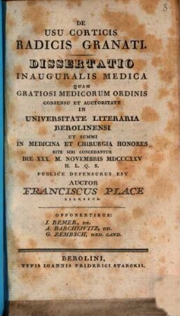 De usu corticis radicis granati : Diss. inaug. med.