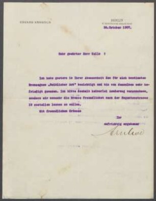 Brief von Eduard Arnhold an Georg Kolbe