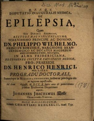 Disputatio Inauguralis Medica, De Epilepsia