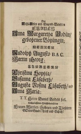 Der Wohl-Edlen und Tugend-Belobten Frauen Anna Margaretha Bodlin/ gebohrner Böblingin;[...]