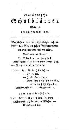 Nachrichten von den öffentlichen Lehranstalten des Esthländischen Gouvernements am Schlusse des Jahres 1813 : (Fortsetzung von Nr. 16)