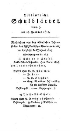 Nachrichten von den öffentlichen Lehranstalten des Esthländischen Gouvernements am Schlusse des Jahres 1813 : (Fortsetzung von Nr. 16)