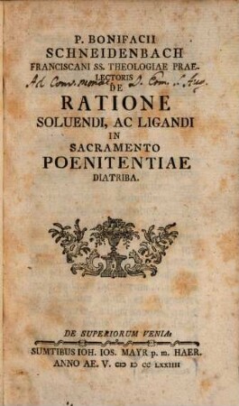 De Ratione solvendi ac ligandi in Sacramento Poenitentiae Diatriba