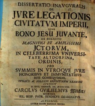 Dissertatio Inavgvralis De Jvre Legationis Civitatvm Imperii