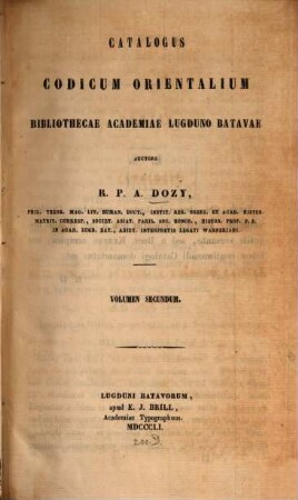 Catalogus codicum orientalium Bibliothecae Academiae Lugduno-Batavae. 2