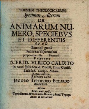 De creatione, potissimum animae rationalis atque huic doctrinae annexis dogmatibus exercitiorum academicorum specimina septem, Specimen 2. De animarum numero, speciebus et differentiis