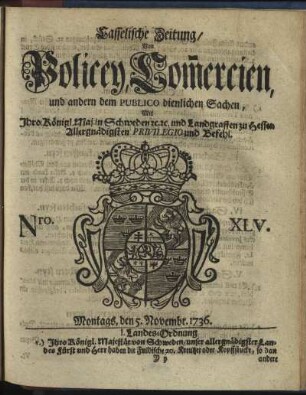 Nro. XLV, Montags, den 5. Novembr 1736