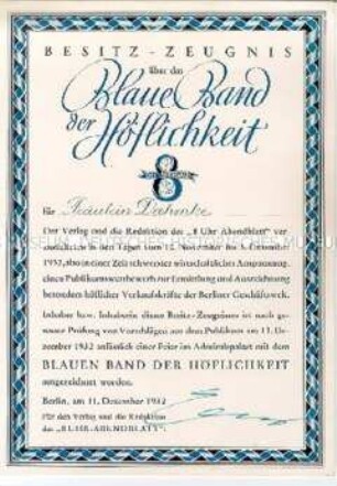 Besitzzeugnis über das "Blaue Band" für Höflichkeit nach einem Publikumswettbewerb - Sachkonvolut