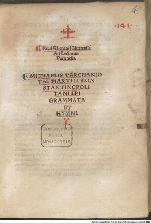 Michaelis Tarchaniotae Marvlli Constantinopolitani epigrammata et hymni