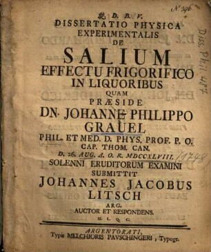 Dissertatio Physica Experimentalis De Salium Effectu Frigorifico In Liquoribus