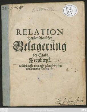 Relation Torstensohnischer Belagerung der Stadt Freybergk