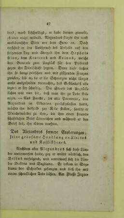 Des Alexandros fernere Eroberungen; seine grausame Handlung an Kleitos und Kallisthenes