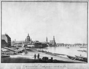 Dresden, Stadtansicht vom Floßplatz mit Frauenkirche, Hofkirche, Augustusbrücke, Brühlscher Terrasse mit Bauten Brühls und Belvedere von Chr. F. Schuricht