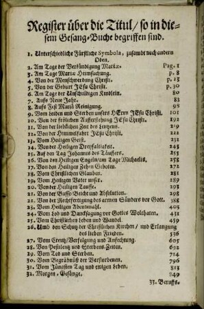Register über die Titul/ so in diesem Gesang-Buche begriffen sind.