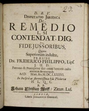 Disputatio Iuridica De Remedio L. Si Contendat. Dig. De Fideiussoribus