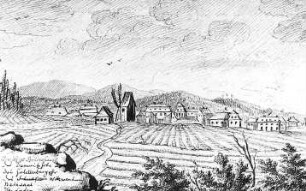 Herrnhut. Ortsansicht mit Windmühle, Zeichnung von Joh. Gottfried Schultz, 27.8.1765 (Görlitz, Graph. Kabinett, Skizzenhefte)