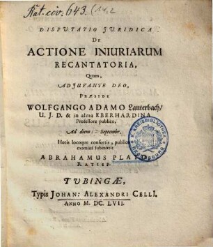 Disputatio Juridica De actione Iniuriarum Recantatoria