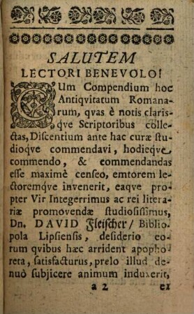 Compendium Compendii Antiqvitatum Romanarum. Seu Antiqvitates Romanae : Una cum Formulis memoriae iuvandae gratia, Versibus non adeo multis iuxta ordinem Alphabeti comprehensae, Bono Iuventutis