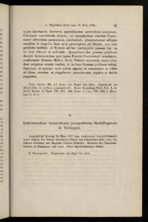 27, 5. Instrumentum translationis praepositurae Sindelfingensis in Tubingam.