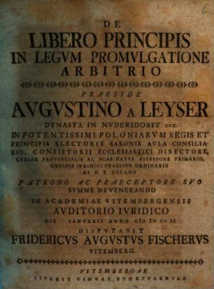 De libero principis in legum promulgatione arbitrio, disputatio