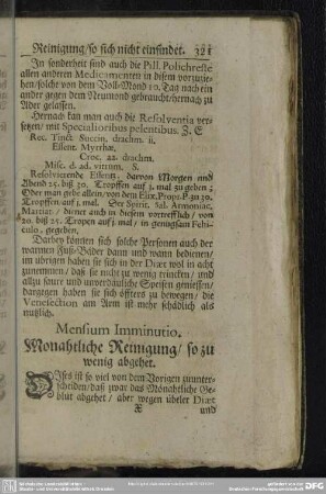 Mensium Imminutio. Monahtliche Reinigung, so zu wenig abgehet
