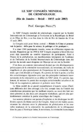 7-18, 1. Le XIIIe Congrès mondial de criminologie - XIII° Congreso mundial de criminología - The XIIIth World Congress of Criminology