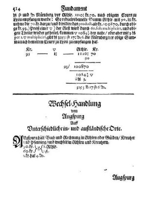 Wechsel-Handlung von Augspurg Auff Unterschiedliche in- und außländische Orte.