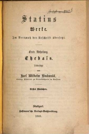 Werke : im Versmaß der Urschrift übersetzt, 1,2. Thebaïs