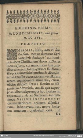 Editionis Primae seu Londoniensis, anni scilicet M. DC. XVII. Praefatio