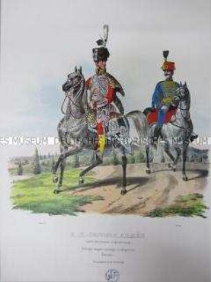 Uniformdarstellung, Gardisten der Ungarischen Leibgarde und des Garde-Regiments zu Pferd, Österreich, 1840. Tafel aus: Trentsensky: K.K. Oesterreichische Armée nach der neuen Adjustirung.