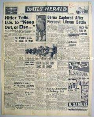 Britische Tageszeitung "Daily Herald" u.a. zur Warnung Hitlers an die USA, sich aus dem Krieg heraus zu halten