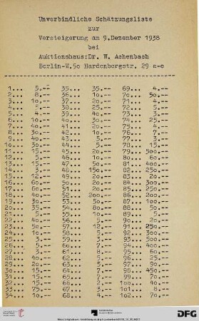 Unverbindliche Schätzungsliste zur Versteigerung am 9. Dezember 1938 bei Auktionshaus: Dr. W. Achenbach