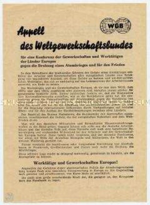 Appell des Weltgewerkschaftsbundes für Konferenz gegen Atomkrieg, für den Frieden