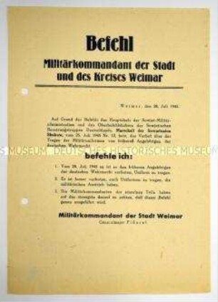 Befehl des Militärkommandanten von Weimar über das Verbot des Tragens von Wehrmachtsuniformen