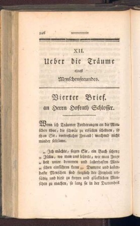 XII. Ueber die Träume eines Menschenfreundes : Vierter Brief an Herrn Hofrath Schlosser